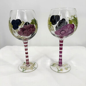 Hand Painted Tuscan Vineyard Wine Glasses Grapes Floral Stemware Set of 2